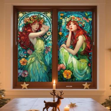 Imagem de ANATTASOUL Adesivos de janela estática menina e flores 1 folha reutilizável decalque de janela para vidro, 120 cm x 30 cm adesivo de janela dupla face removível para quarto, escritório, decoração de