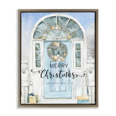 Imagem de Stupell Industries Merry Christmas Design de arte de parede em tela flutuante marrom com porta azul por Jesse Keith, 53 x 43 cm