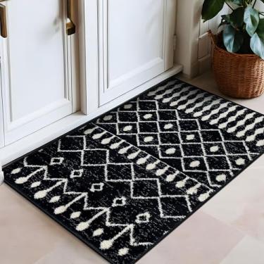 Imagem de Rugshop Tapete de área tribal Boho preto e branco – Tapete geométrico com padrão de diamante e listras para sala de estar, quarto ou entrada – Decoração de piso boêmio moderno macio 7,6 cm x 10,8 cm