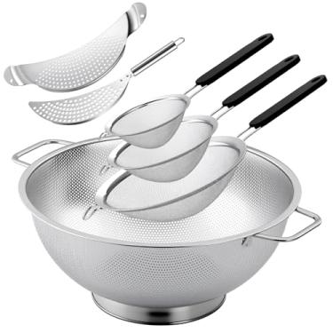 Imagem de Baderke 6 peças de coador de metal de malha fina de aço inoxidável com alça escorredor de macarrão panela coador de espaguete frutas frutas vegetais cozinha escorredor de alimentos cesta peneiras de