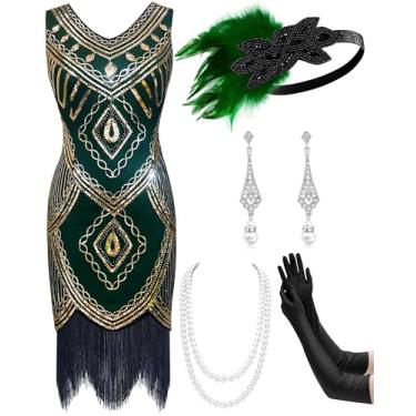 Imagem de Mukum Vestido feminino melindrosa anos 20, vintage, com franjas, com lantejoulas, ótimo Gatsby, conjunto de vestidos anos 20 para festas de Natal, Ouro verde, PP