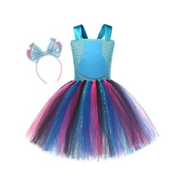 Imagem de OBEEII Girls Halloween Costume Toddler Kids Witch Cosplay Stage Performance Ruffle Tutu Dress with Headband 2PCS Set Square Neck Sleeveless Crochet Tulle Dress Up Party Outfit Blue+Pink 8-9 Years
