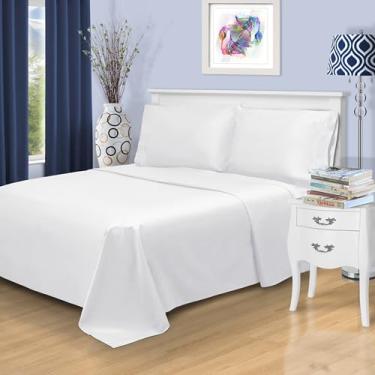 Imagem de Superior Jogo de lençol de cama de algodão egípcio 1500 fios, lençóis macios diários, bainha bordada, itens essenciais de cama, 1 lençol com elástico alto, 1 lençol de cima, 2 fronhas, casal, branco