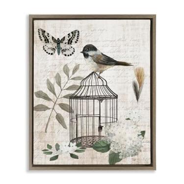 Imagem de Stupell Industries Arte de parede em tela flutuante marrom floral de pássaro vintage Menagerie por Nan, 78 x 63 cm