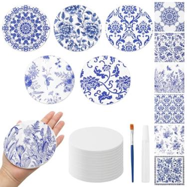 Imagem de JarThenaAMCS 12 peças de azulejos de cerâmica para porta-copos brancos com 24 peças de guardanapo de papel de decoupage faça você mesmo arte artesanato conjunto de cola para decoração de mesa de festa