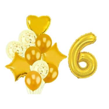 Imagem de Buque 10 Balões Coração Estrela -1 Número Metalizado Dourado - Partiuf