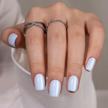 Imagem de RTKHFZE Pregos curtos Press On Nails – unhas postiças quadradas curtas de gel macio azul com cola para unhas, ajuste perfeito, cola reutilizável em 16 tamanhos – Kit de 32 peças de unhas postiças