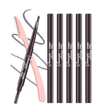 Imagem de Berinist Lápis de sobrancelha impermeável para mulheres, 6 peças de lápis de sobrancelha cinza de ponta dupla com kit de lâmina, design de ponta triangular torna mais fácil definir e preencher as