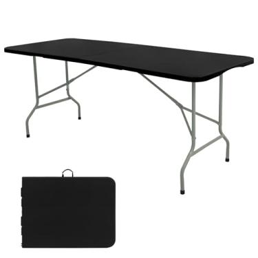 Imagem de Conjunto de 2 mesas dobráveis de 1,5 m, mesa de acampamento, portátil, resistente, retangular, externa, pernas de aço, dobrável ao meio com alça de transporte para ambientes internos, piqueniques