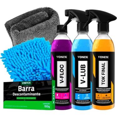 Imagem de Kit Vonixx Limpeza Automotiva Tok Final V-Lub V-Floc V-bar 100g Vintex Toalha 30cm Luva Tentáculos Microfibra Karbox