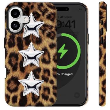 Imagem de Sqweey Capa para iPhone 16 Cheetah Leopard Print Stars Design para mulheres meninas [compatível com MagSafe] Capa rígida de camada dupla Coquete Y2K Trend capa protetora à prova de choque