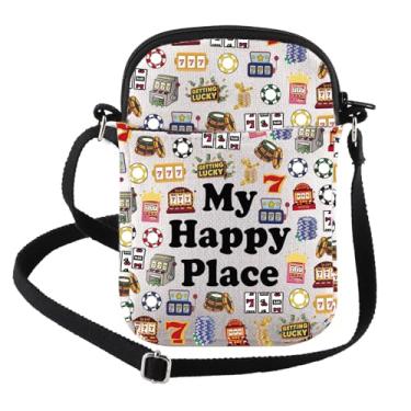 Imagem de FEELMEM Casino Lover Gift Gambler Gifts My Happy Place Lucky 777 Jackpot Casino Slot Machine Bolsa transversal Presente para jogos de azar, Bege, Tendência