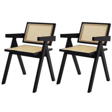 Imagem de Kit 2 Cadeiras Com Assento Encosto Rattan Base Madeira Preta - WAW Des