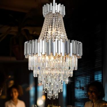 Imagem de ANTILISHA Lustres modernos para hall de entrada, teto alto, luminárias longas redondas de cristal, lustre suspenso cromado para sala de estar, hall de entrada, sala de jantar, quarto