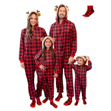 Imagem de PATPAT Conjunto de pijamas de Natal para a família: pijama para ele e ela macacão xadrez vermelho búfalo - pijama para dormir, roupa de dormir para animais de estimação, G