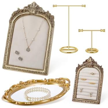 Imagem de Wonderjune Conjunto de 5 peças de joias vintage, inclui 1 moldura de joias, 1 suporte de anel, 1 bandeja espelhada e 2 suportes de brincos, adereços para fotografia, organizador de colar de prato