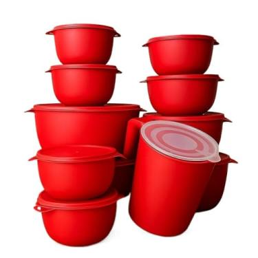 Imagem de Conjunto de 10 saladeiras ou 5 saladeiras + jarro de 1,8 litros Saladeiras de cozinha Recipientes plásticos para armazenamento de alimentos (10 Vermelho + Jarra)