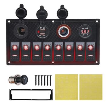 Imagem de Geloo 8 Gang Marine Rocker Switch Panel, Boat Switch Panel Waterproof, 12V Switch Panel Toggle Switches Panel with LED Circuit Breaker 3.1A USB Charger Voltmeter ON/Off for Car Rvs Vehicles (Red)