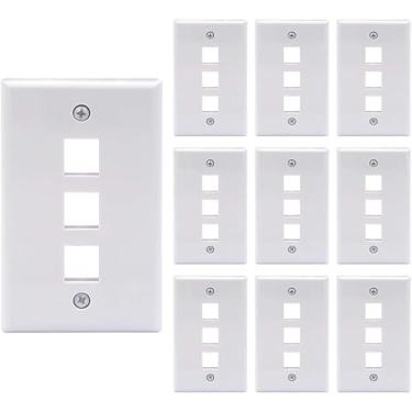 Imagem de Placa de parede individual – 3 portas RJ Keystone Faceplate, branca, com parafusos | Tamanho padrão, fácil instalação para conectores Ethernet/voz/dados, pacote com 10