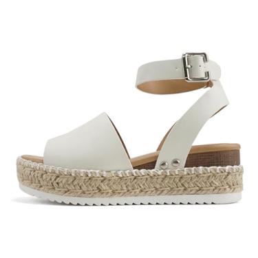 Imagem de Soda Topic Sandália casual com fivela de bico aberto e tira no tornozelo, alpargatas, plataforma plana, O-whte Nb (ponto batido), 8 Wide