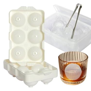 Imagem de KUILONGT 2 bandejas redondas grandes de cubos de gelo com pinças de aço inoxidável, moldes de bola de gelo de uísque de 4 cm para coquetéis de bourbon e café (branco)