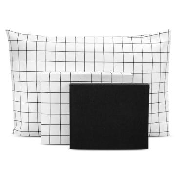 Imagem de Lençol Solteiro 3 pçs Algodão Percal Estampado180 fios (Geométrico Branco/Preto)