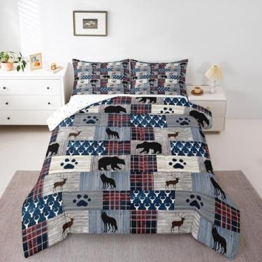 Imagem de Feelyou Conjunto de edredom solteiro com estampa de urso, lobo e musgo, bandeira americana, para crianças e adultos, decoração de casa, 2 peças