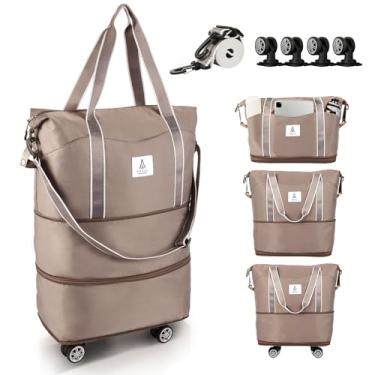 Imagem de Arxus Bolsa de viagem com rodinhas removíveis e alça de ombro ajustável, grande bolsa de mão dobrável expansível com alça e manga de mala, bolsa de fim de semana para avião de viagem 25L-55L, Caqui