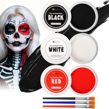 Imagem de nsxsu Kit De Maquiagem Halloween, Tinta Facial Branca + Preta Vermelha 165 G (5,8 Oz), Pintura Para Crianças E Adultos, Corpo Com Pincéis, Efeitos Especiais, Crânio, Palhaço, Teatro Arte