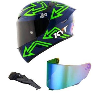 Imagem de Capacete KYT TT Course Manzi Azul e Verde Mais Viseira Camaleão e Spoi