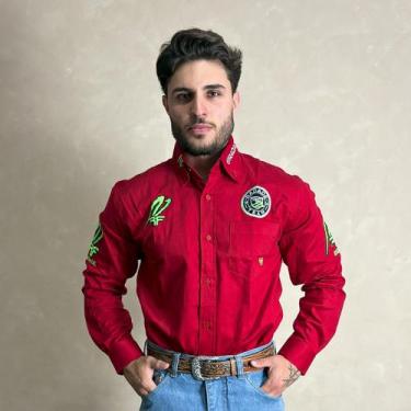 Imagem de Camisa Radade Rodeio Masculina Bordada Manga Longa Cowboy, Vermelho, E