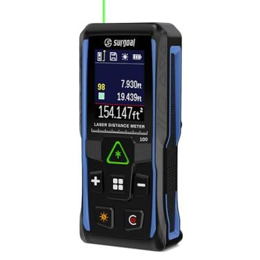 Imagem de Medidor de distância a laser verde de 328 pés – Medição digital a laser com sensor de ângulo, LCD retroiluminado giratório de 4 vias, modo pitagórico, interruptor de unidade, precisão de ± 3 mm