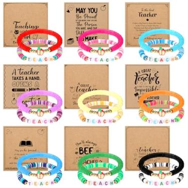 Imagem de Huquary Conjunto de 18 pulseiras de agradecimento de professores para mulheres, pulseiras de agradecimento de professores, presentes com cartões, pulseiras elásticas de maçã com contas de madeira para