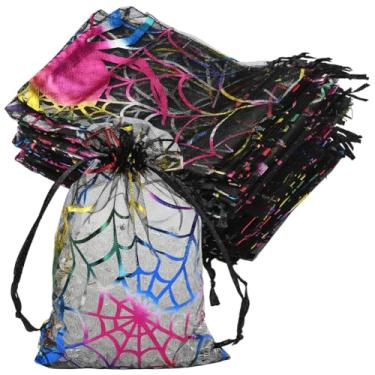 Imagem de SOFPLATE 50 peças mini sacos de doces de Halloween sacos de gaze cordão pequeno pano preto roxo animal impressão de teia transparente organza bolsas de joias festival malha embalagem de presente para