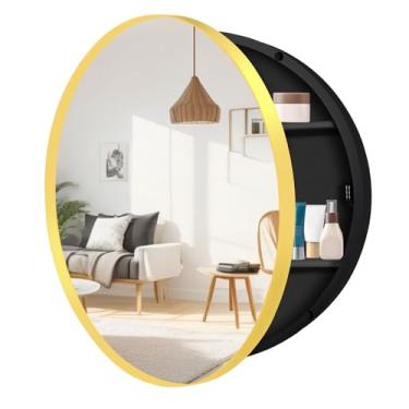 Imagem de Armário de remédios redondo de 50 cm com espelho, armário de remédios de banheiro dourado para parede com moldura de metal, armário de armazenamento circular apenas para montagem em superfície com