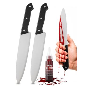 Imagem de Festicy Conjunto de facas falsas realistas – Inclui 2 facas e sangue falso de 24 g – Ideal para Halloween, Fantasmas e fantasias de Chucky, pegadinhas e decoração de festa