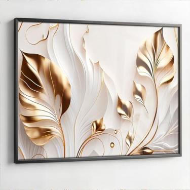 Imagem de Quadro com Moldura e Acrilico Cristal Vidro Sala Quarto Dourado Flores Branca Floral Arte Decorativo Horizontal Grande Hall