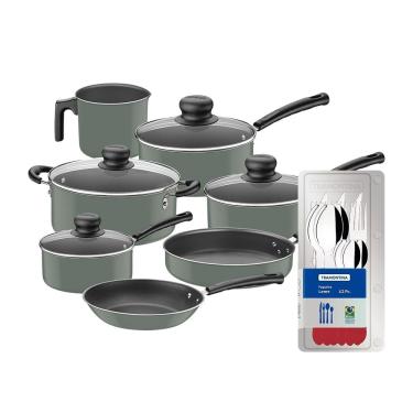 Imagem de Conjunto de Panelas 7 Peças Tramontina Versalhes Starflon Max Verde + Faqueiro 12 Peças Tramontina Leme Vermelho