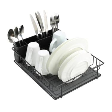 Imagem de SunnyPoint Escorredor de pratos de aço inoxidável 304 com dreno de terra de diatomáceas e suporte de utensílios removível – Escorredor de pratos de bancada resistente à ferrugem para cozinha (preto