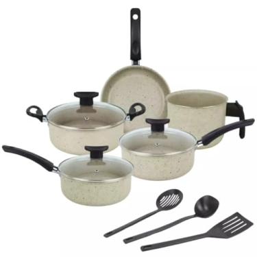 Imagem de Conjunto de panelas de 8 peças, inclui tampas e espátulas antiaderentes (Baunilha)