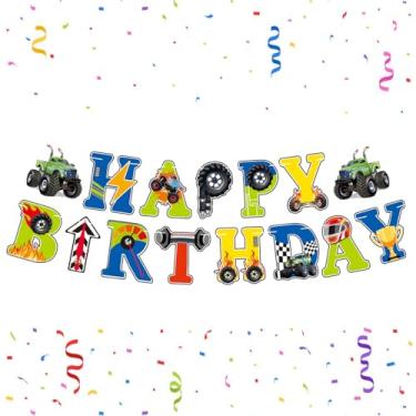 Imagem de Banner de feliz aniversário Monster Truck, decoração de faixa de aniversário de corrida para festas de caminhão monstro, artigos de festa de comemorações de carros