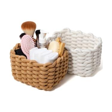 Imagem de Conjunto de 2 cestas de armazenamento para organização doméstica, cesta decorativa de tecido macramê para cosméticos, maquiagem, brinquedos, armário, decoração de sala de estar, quarto, 18 x 14 x 12,7