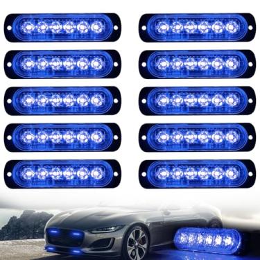 Imagem de XTAUTO 10 lâmpadas LED estroboscópicas de emergência, azul, 6 LEDs, ultrafina, montagem em superfície, farol de aviso intermitente, barra de luz de grade de aviso para construção de caminhões, carros