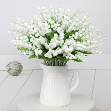 Imagem de 10 peças de flores artificiais realistas de lírio do vale para buquê de casamento, chá de panela, decoração de mesa de centro de casa, branco elegante, branco