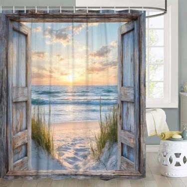 Imagem de Xguatan Cortina de chuveiro litorânea de praia, azul-petróleo, rústico, porta de celeiro, oceano, nascer do sol, cortina de banheiro à prova d'água, paisagem marítima, náutica, turquesa, impermeável