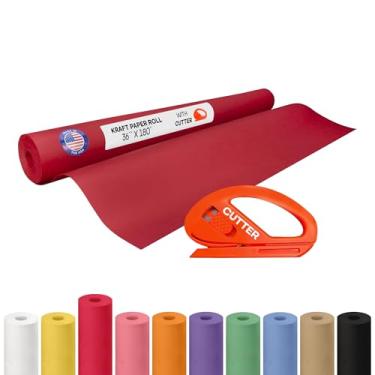 Imagem de Rolo de papel Kraft vermelho 91,4 cm x 5,486 cm (55 m) com cortador - Papel de embrulho feito nos EUA para embalagem, mudança, envio e artesanato/artes - Material de artesanato natural 100% reciclável