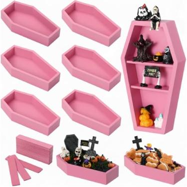 Imagem de Teenyyou 12 bandejas para servir caixão de Halloween, caixão de madeira, tábua de charcutaria, prateleira de bandeja de Halloween, decoração assustadora gótica para presente de festa de mesa, 18 cm