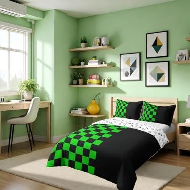 Imagem de Conjunto de capa de edredom xadrez geométrico, tamanho casal, 100% algodão, jogo de cama infantil de videogame, grade de patchwork, decoração de quarto de meninas e meninos, preto e verde, 2 fronhas