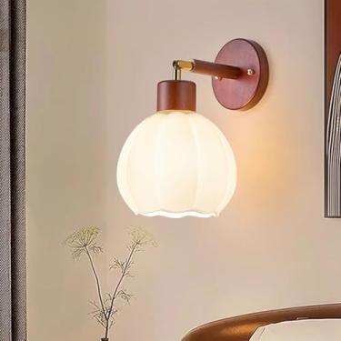 Imagem de E27 Candeeiro de parede de madeira vintage criatividade, luzes de parede com sombra de vidro 180° giratório, arandelas de parede de ângulo ajustável, luz quente para sala de estar, quarto, corredor