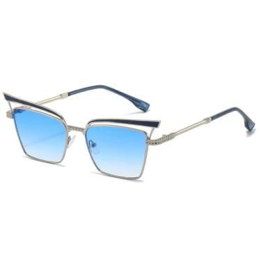 Imagem de HCHES Óculos de Sol Femininos Retrô Vazados, Moda Feminina, Metal, Luxo (Lente Azul)